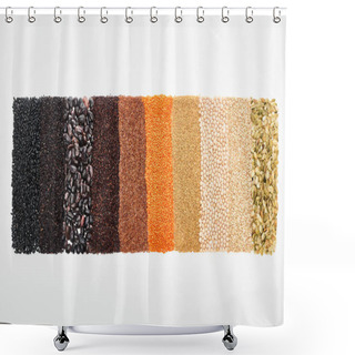 Personality  Top View Of Black Beans, Rice, Quinoa, Chickpea, Pumpkin Seeds, Buckwheat, And Red Lentil Isolated On White Shower Curtains