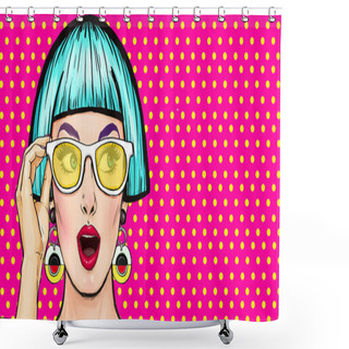 Personality  Amazed Pop Art Girl In Glasses. Party Invitation.Birthday Card.Comic Woman.Sexy Girl. Sale. Vintage Poster. Fashion Woman, Discount, Buyer, Disco, Flirt, Style, Youth, Wow, Thought, Excited, Lifestyle Shower Curtains