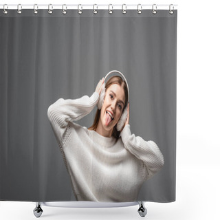 Personality  Attractive Funny Girl In White Sweater And Earmuffs Sticking Tongue Out, Isolated On Grey Shower Curtains