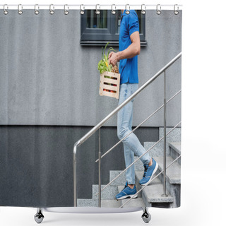 Personality  Cropped View Of Courier Holding Box With Vegetables On Stairs Near Building  Shower Curtains