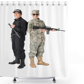 Personality  Young Soldier With Gun And Policeman With Baton Isolated On White Shower Curtains