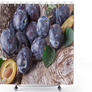 Personality  Plums With Leafs On Wood Background Shower Curtains