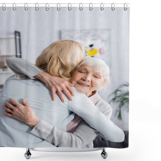 Personality  Smiling Senior Woman With Closed Eyes Embracing Adult Daughter  Shower Curtains