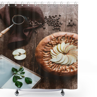 Personality  Flat Lay With Homemade Apple Pie, Coffee Maker, Empty Notebook And Fresh Apples On Wooden Tabletop Shower Curtains