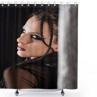 Personality  Portrait Of Woman With Dreadlocks And Stylish Makeup Looking At Camera Near Blurred Wall On Black Background Shower Curtains