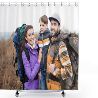 Personality  Smiling Family With Backpacks Shower Curtains