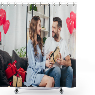Personality  Loving Couple Gifting Presents In Room With Heart-shaped Balloons Shower Curtains