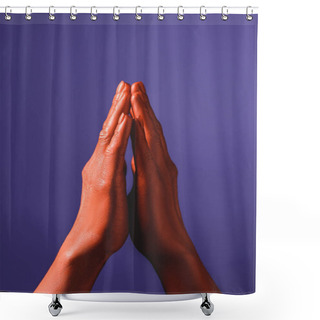Personality  Cropped View Of Woman With Coral Colored Hands Showing Pray Sign On Violet Background,  Color Of 2019 Concept Shower Curtains