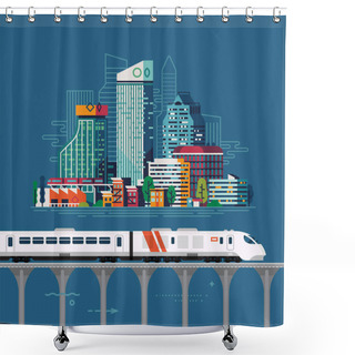 Personality  City Railway Connection. Regional Railway Network Vector Illustration With Large Abstract City And Express Train On High Line Viaduct Shower Curtains