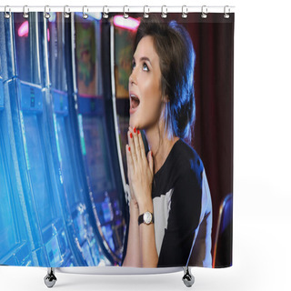 Personality  Happy Woman Playing Slot Machines In The Casino Shower Curtains