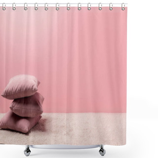 Personality  Stack Of Pillows On Carpet In Front Of Pink Wall Shower Curtains