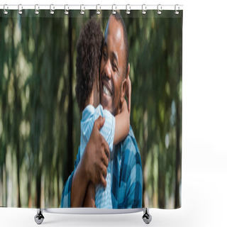 Personality  Panoramic Shot Of Happy African American Father Hugging Son  Shower Curtains