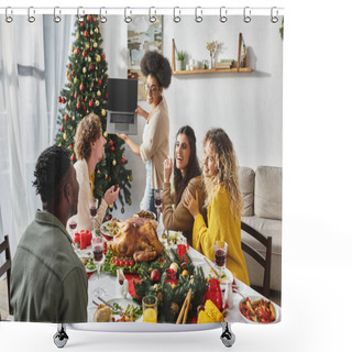 Personality  Multiethnic Family Talking Actively And Smiling At Laptop Camera At Holiday Table, Christmas Shower Curtains