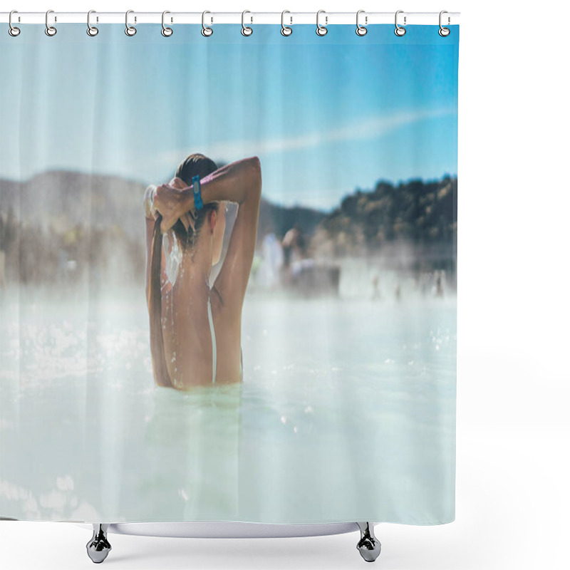 Personality  Rear View Of Young Woman Relaxing In Hot Pool In Iceland  Shower Curtains