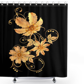 Personality  3d Rendering. Golden Stylized Flowers, Delicate Shiny Curls, Paisley Element. Decorative Corner, Pattern. Shower Curtains