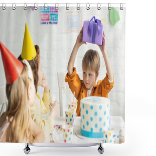 Personality  Boy Holding Present While Sitting At Table With Friends During Birthday Party Celebration Shower Curtains