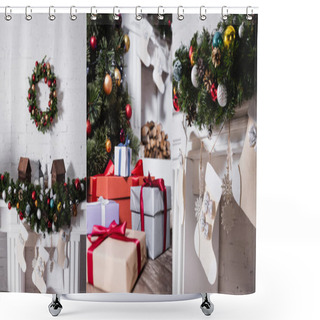 Personality  Collage Of Christmas Wreath Above Fireplace, Christmas Stockings And Gift Boxes Shower Curtains