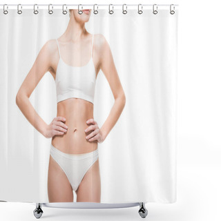 Personality  Cropped Shot Of Young Slim Woman In Underwear Standing With Hands On Waist Isolated On White Shower Curtains