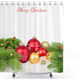 Personality  Red And Gold Christmas Balls On Branches Of A Christmas Tree On A White Background. A Christmas Background With A Place For The Text. Shower Curtains
