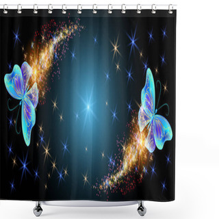 Personality  Flying Delightful Magical Butterflies With Sparkle And Blazing Trail Flying In Night Sky Among Shiny Glowing Stars In Cosmic Space. Love And Romance Concept. Shower Curtains