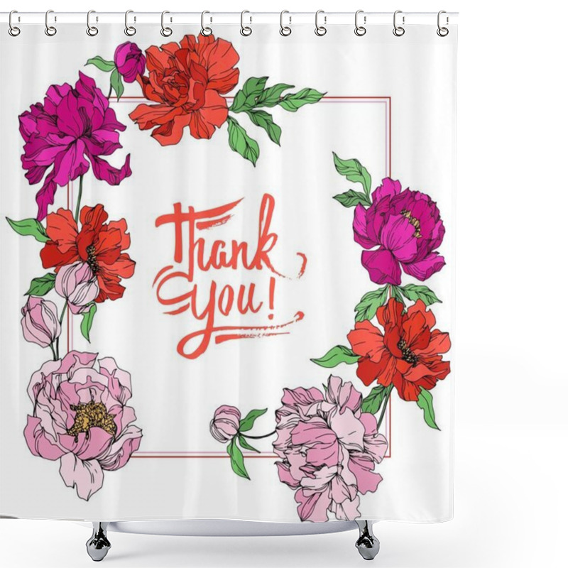 Personality  Beautiful Pink Peony Flowers With Green Leaves Isolated On White Background. Frame Border Ornament. Thank You Handwriting Calligraphy Shower Curtains