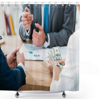 Personality  Selective Focus Of Investor Holding Money With Colleagues At Office  Shower Curtains