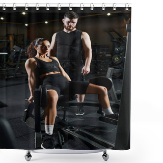 Personality  A Personal Trainer Stands Confidently Next To A Determined Brunette Sportswoman In A Gym, Motivating And Guiding Her. Shower Curtains