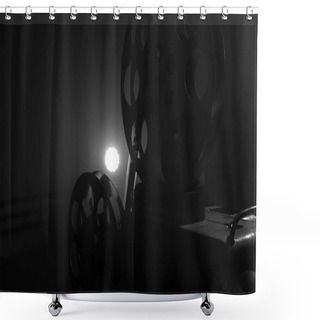 Personality  Vintage Movie Projector. Film Reels. Black And White. Still Life, Close-up    Shower Curtains