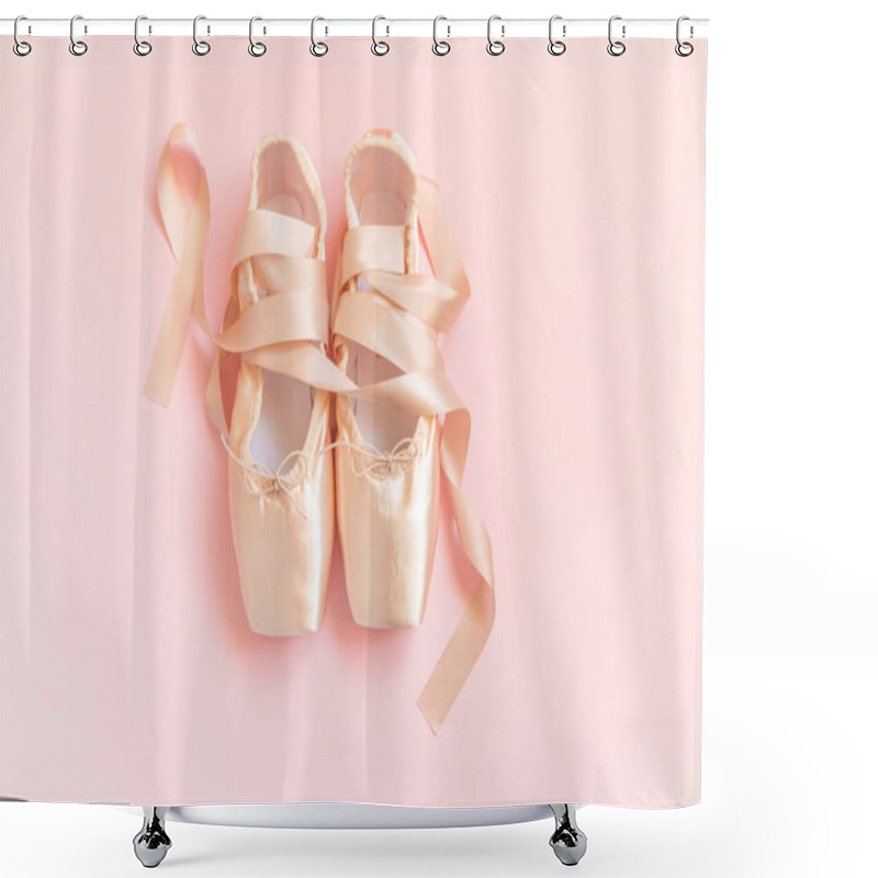 Personality  New Pastel Beige Ballet Shoes With Satin Ribbon Isolated On Pink Background. Ballerina Classical Pointe Shoes For Dance Training. Ballet School Concept. Top View Flat Lay Copy Space Shower Curtains