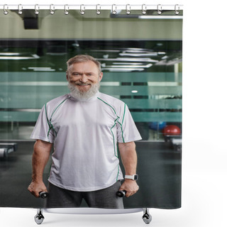 Personality  Happy And Bearded Elderly Man Smiling And Looking At Camera, Exercising With Dumbbells In Gym Shower Curtains