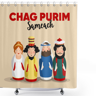 Personality  Chag Purim Sameach Holiday Greeting Card For The Jewish Festival. Hand Drawn Queen Esther, King Ahasuerus, Haman, Jew Mordecai. Vector Illustrations For The Megillahs Tale. Shower Curtains