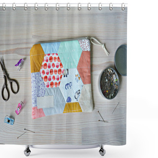 Personality  Colorful Hexagon Quilted Pouch, Scissors, Clips And Pins On The Wooden Table Shower Curtains
