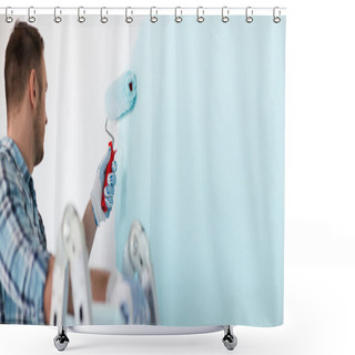 Personality  Close Up Of Male In Gloves Holding Painting Roller Shower Curtains