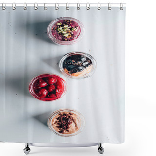 Personality  Top View Of Various Sweet Tasty Desserts In Glass Jars On White Shower Curtains