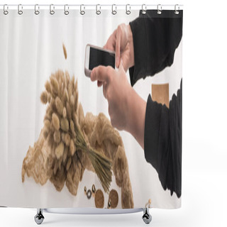 Personality  Partial View Of Commercial Photographer Taking Pictures Of Composition With Flora And Jewelry On Smartphone On White, Panoramic Shot Shower Curtains