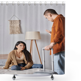Personality  Young Man With Suitcase Waving Goodbye To Depressed Asian Wife Sitting On Bed At Home, Divorce Shower Curtains