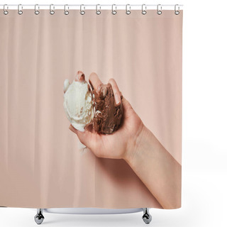 Personality  Cropped View Of Woman Holding Melted Brown And White Ice Cream On Pink Background Shower Curtains
