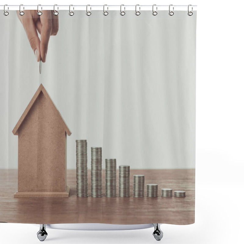 Personality  Cropped Image Of Man Putting Coin Into Small House On Wooden Table, Saving Concept Shower Curtains