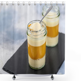Personality  Dessert. Coconut Milk Panna Cotta With Mango, Italian Dessert, Homemade On A Light Background. Place For Copy Space Shower Curtains