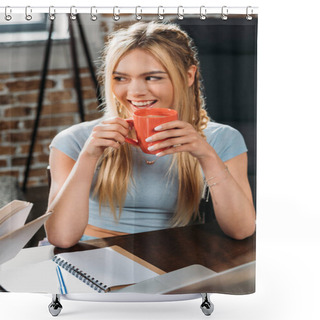 Personality  Young Smiling Caucasian Woman Drinking Coffee While Sitting At Table Shower Curtains