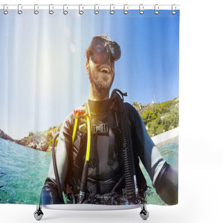 Personality  Smiling Diver Portrait At The Sea Shore. Diving Goggles On. Shower Curtains