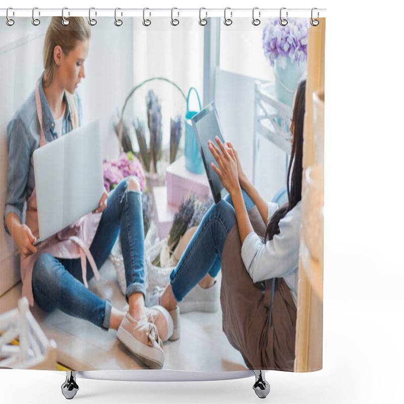 Personality  Multiethnic Florists Using Gadgets Shower Curtains