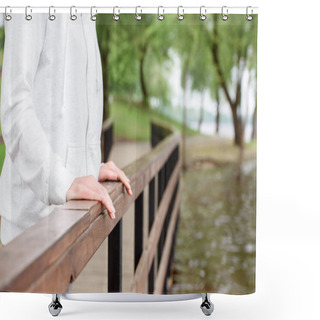 Personality  Cropped View Of Woman Standing Alone Near Railings In Park Shower Curtains