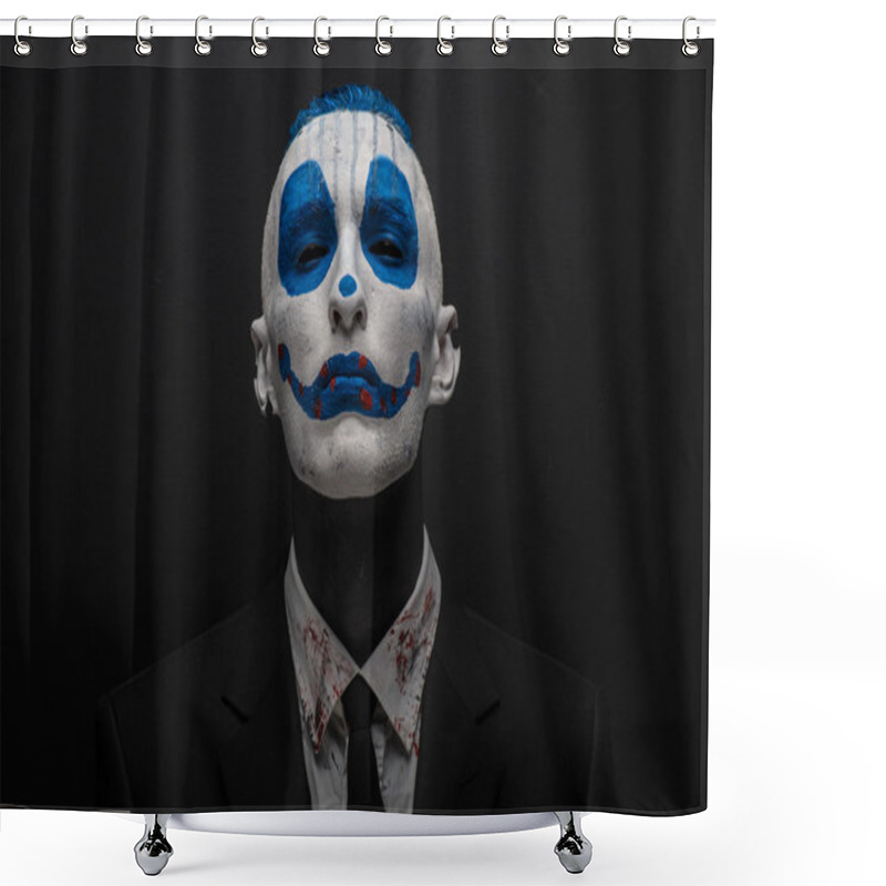 Personality  Terrible Clown And Halloween Theme: Crazy Blue Clown In Black Suit Isolated On A Dark Background In The Studio Shower Curtains