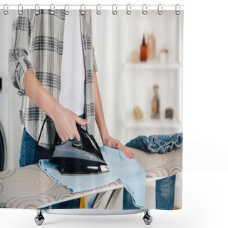 Personality  Cropped View Of Woman In Grey Shirt Ironing In Laundry Room Shower Curtains