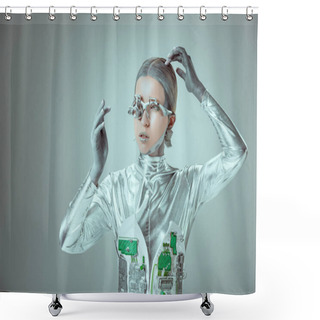 Personality  Young Woman Robot Touching Head And Looking Away Isolated On Grey, Future Technology Concept  Shower Curtains