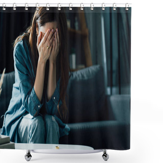 Personality  Upset Woman Covering Face While Sitting Near Coffee Table With Golden Ring, Divorce Concept  Shower Curtains