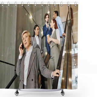 Personality  A Businesswoman In Action, Talking On A Cell Phone While Standing On A Moving Escalator. Shower Curtains