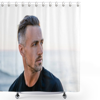 Personality  Close-up Portrait Of Handsome Adult Man With Grey Hair Looking Away On Seashore Shower Curtains