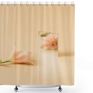 Personality  Pink Beautiful Lily Flower Reflecting In Mirror On Beige Table Shower Curtains